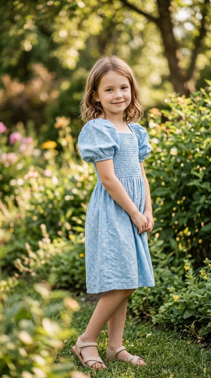 18 Kids' Designer-Look Dresses That Don't Cost Designer Prices 8 A young girl wearing a puff-sleeve dress with a smocked bodice, standing outdoors and smiling.