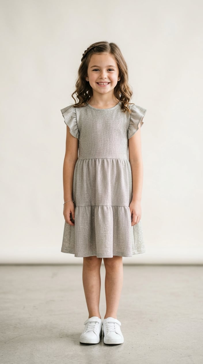 18 Kids' Designer-Look Dresses That Don't Cost Designer Prices 9 A young girl wearing a metallic knit dress stands smiling in a bright studio with a plain background.