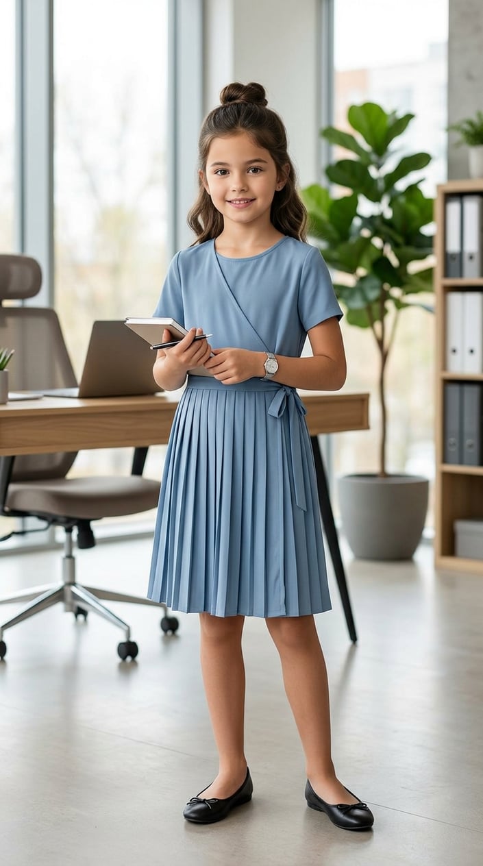 18 Kids' Designer-Look Dresses That Don't Cost Designer Prices 10 A young girl standing in an office wearing a pleated dress, looking confident and poised.