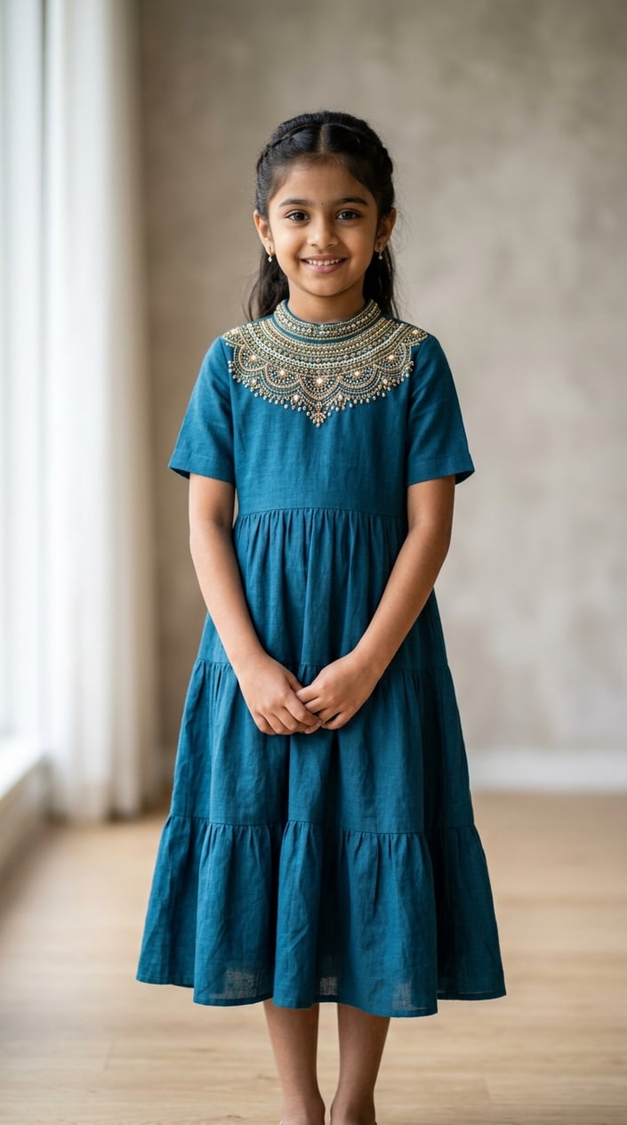 18 Kids' Designer-Look Dresses That Don't Cost Designer Prices 11 Young girl standing and smiling wearing a dress with a beaded neckline in a studio setting.