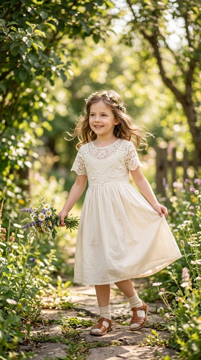 18 Kids' Designer-Look Dresses That Don't Cost Designer Prices 12 A young girl wearing a lace yoke midi dress standing outdoors with trees in the background.