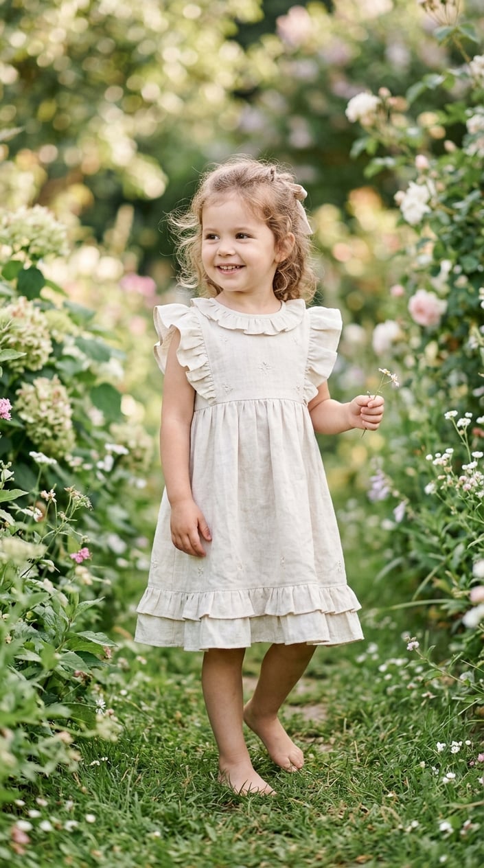 18 Kids' Designer-Look Dresses That Don't Cost Designer Prices 13 A young child standing outdoors wearing a light linen dress with ruffle trims.