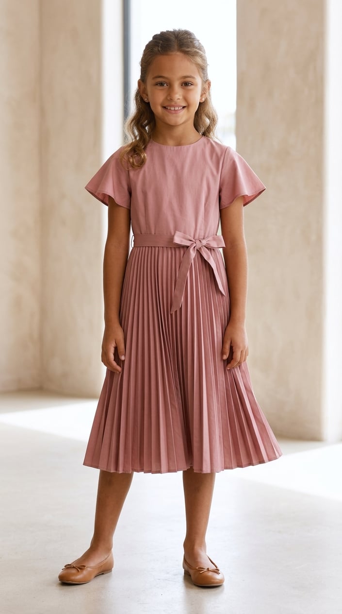 18 Kids' Designer-Look Dresses That Don't Cost Designer Prices 14 A young girl wearing a pleated midi dress with a belt, standing indoors against a neutral background.