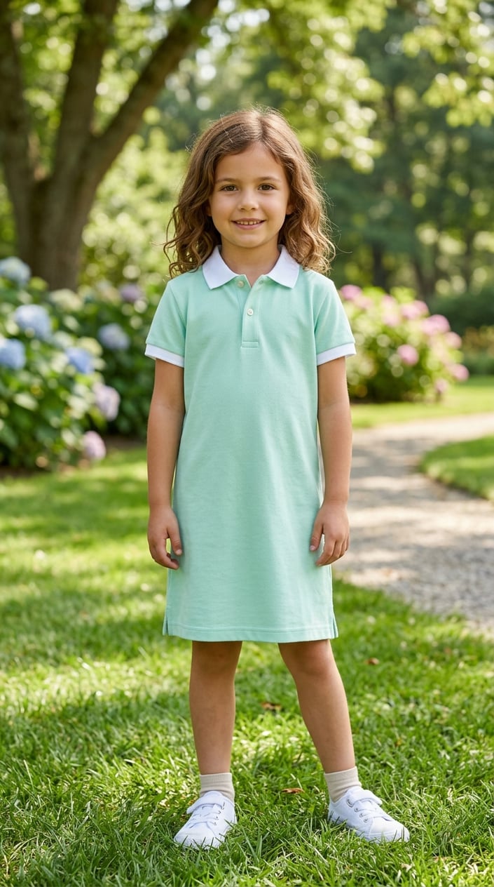 18 Kids' Designer-Look Dresses That Don't Cost Designer Prices 15 A young girl standing outdoors wearing a neat polo dress, smiling with greenery in the background.