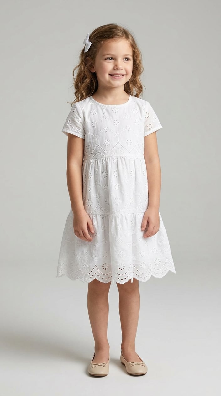 18 Kids' Designer-Look Dresses That Don't Cost Designer Prices 16 A young girl standing and wearing a white dress with eyelet fabric and scalloped hem.