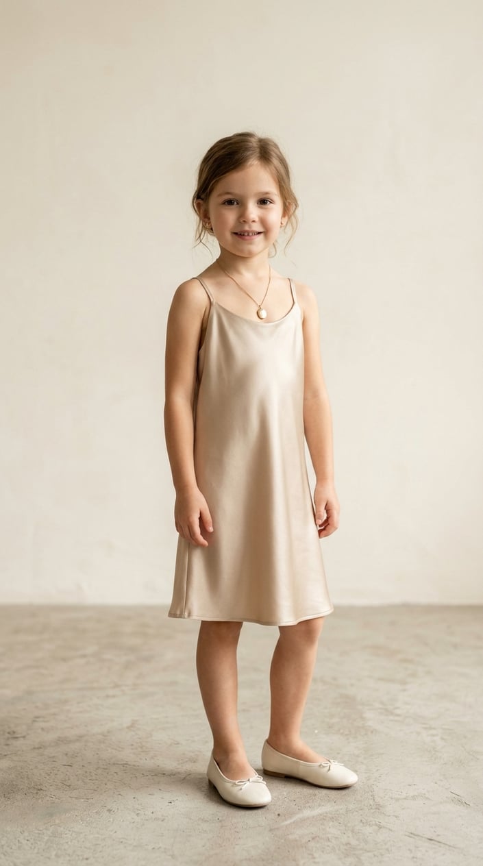 18 Kids' Designer-Look Dresses That Don't Cost Designer Prices 17 A young child wearing a simple satin slip dress stands against a plain background, smiling gently.