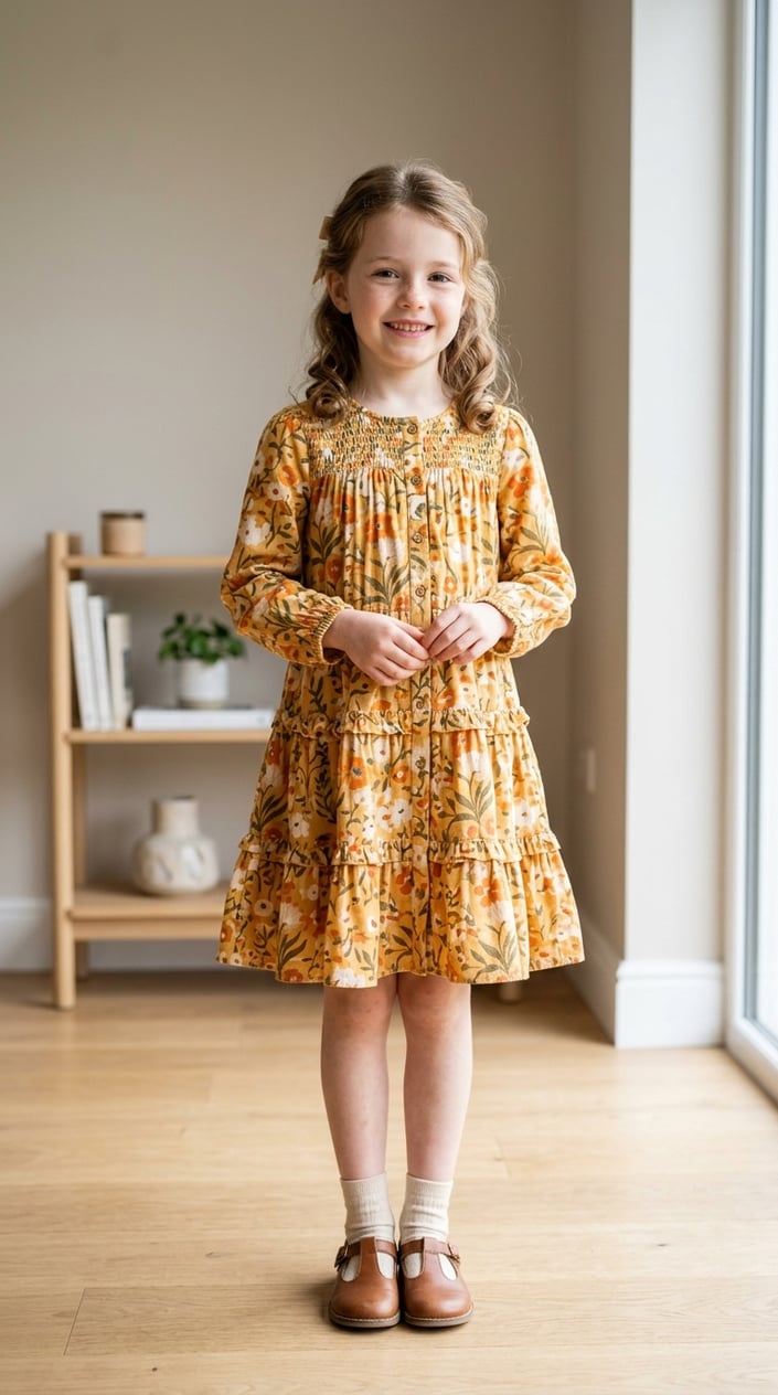 18 Kids' Designer-Look Dresses That Don't Cost Designer Prices 18 A young girl wearing a yellow floral dress stands indoors with a joyful expression and natural lighting.