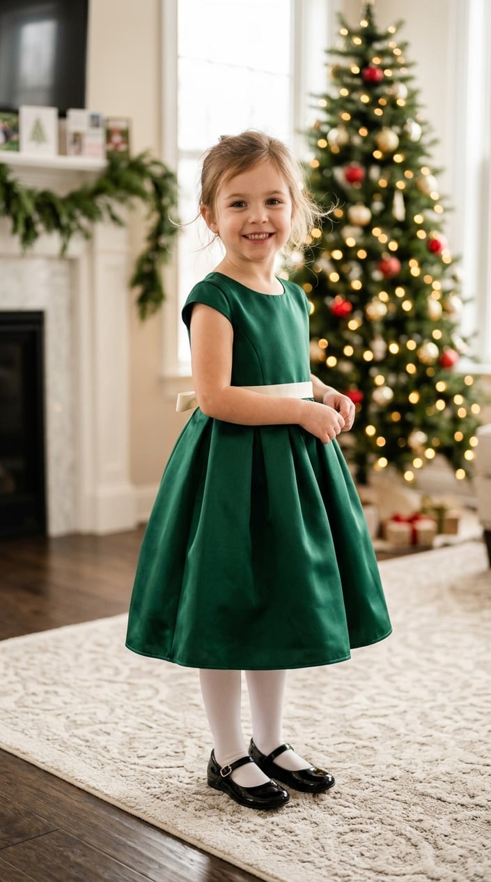 18 Kids' Designer-Look Dresses That Don't Cost Designer Prices 19 A young girl wearing a satin dress stands indoors with holiday decorations in the background.