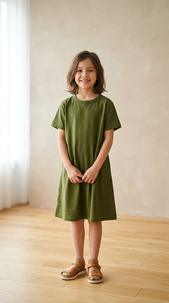 18 Kids' Designer-Look Dresses That Don't Cost Designer Prices 20 A young girl standing and smiling, wearing a simple cotton dress in a bright studio setting.