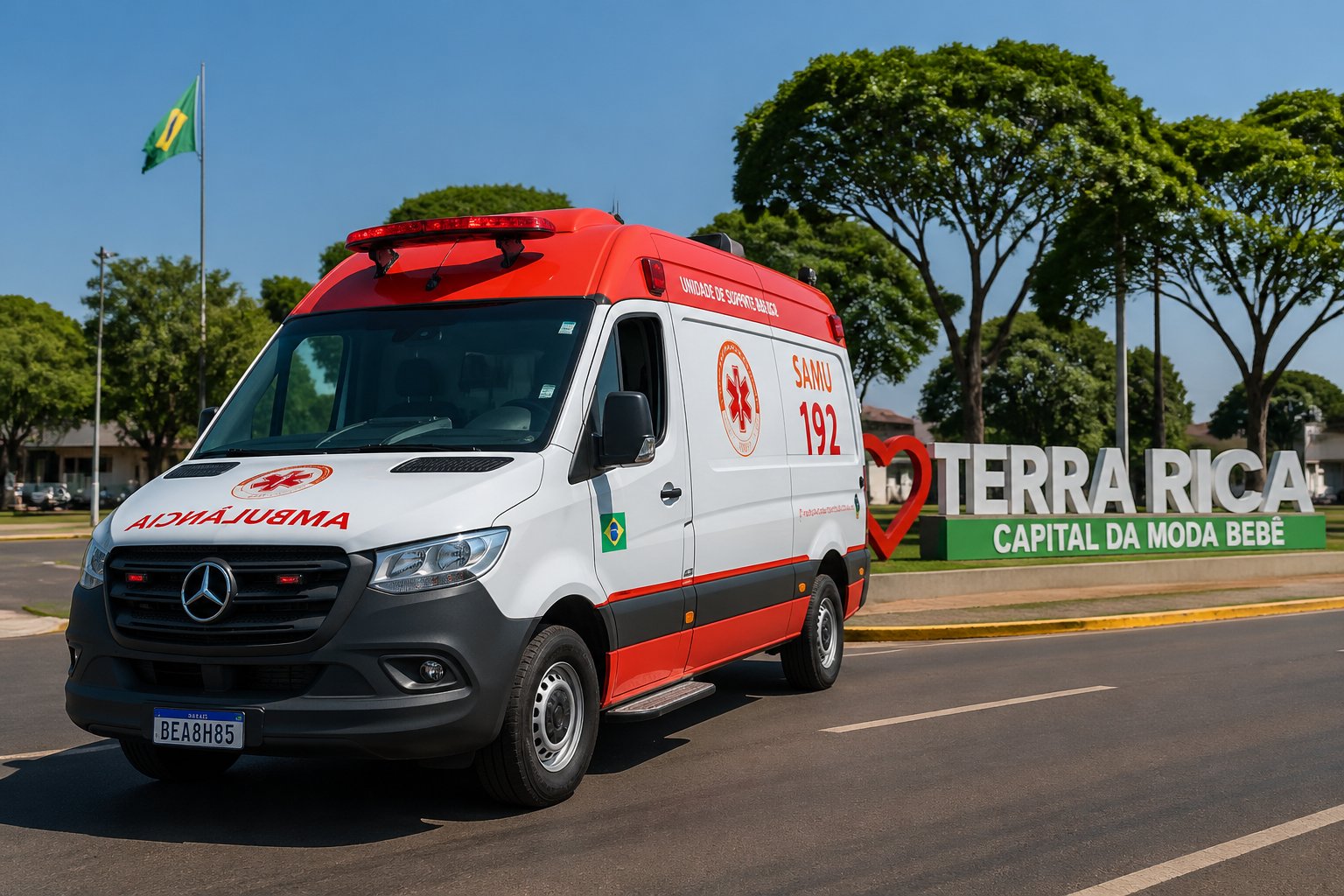 Ambulância estacionada em uma rua de Terra Rica com árvores verdes ao redor e céu azul ao fundo.