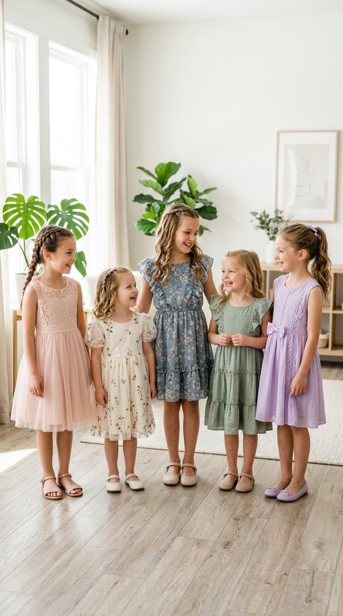 18 Kids' Designer-Look Dresses That Don't Cost Designer Prices 22 A group of young children wearing stylish dresses, smiling and standing in a bright indoor space.