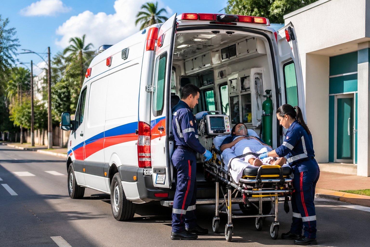 Ambulância estacionada em rua urbana de Terra Rica com paramédicos atendendo um paciente em uma maca ao lado do veículo.