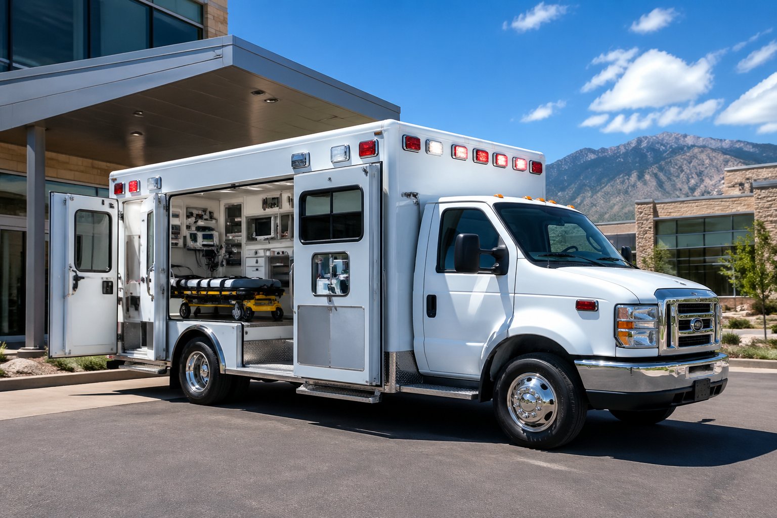 Ambulância moderna de UTI estacionada em frente a um hospital sob céu azul em Colorado.