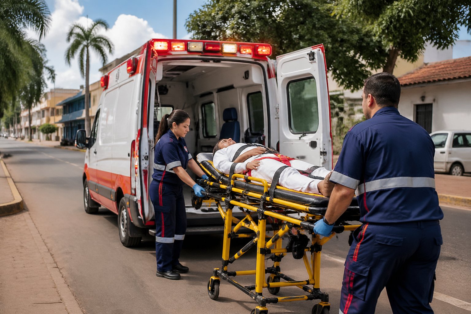 Ambulância com paramédicos atendendo paciente em uma rua de Colorado do Oeste.