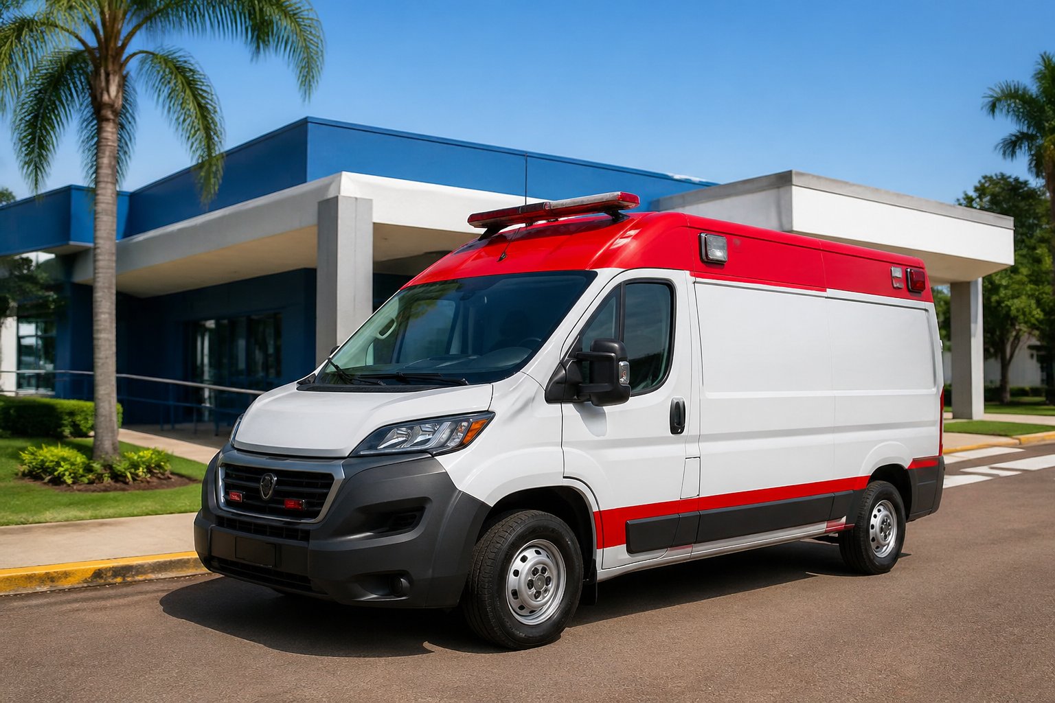 Ambulância estacionada em frente a uma unidade de saúde em São João do Caiuá durante o dia.