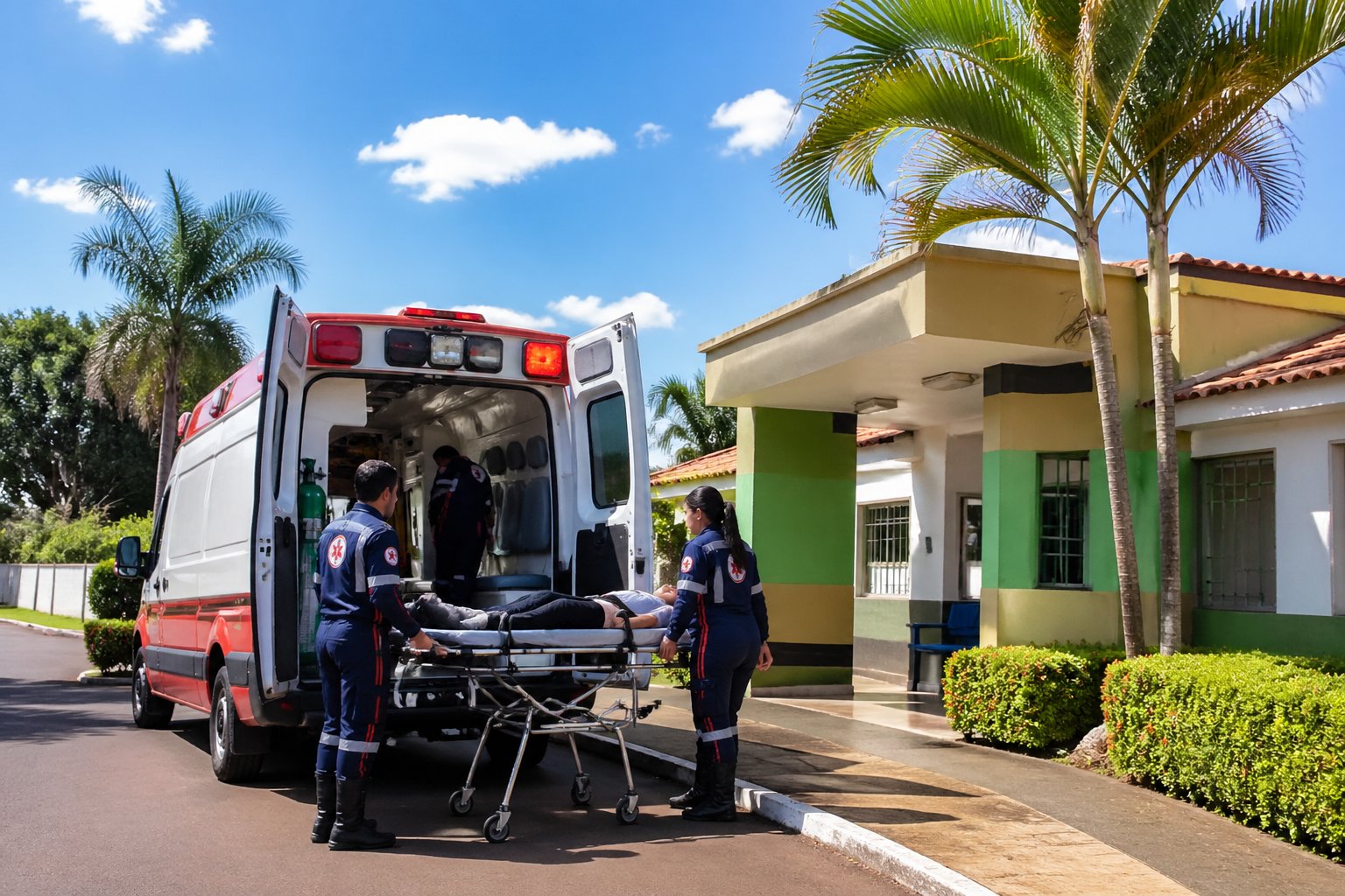 Ambulância estacionada em frente a uma unidade básica de saúde em São João do Caiuá, com profissionais de saúde próximos e céu claro ao fundo.