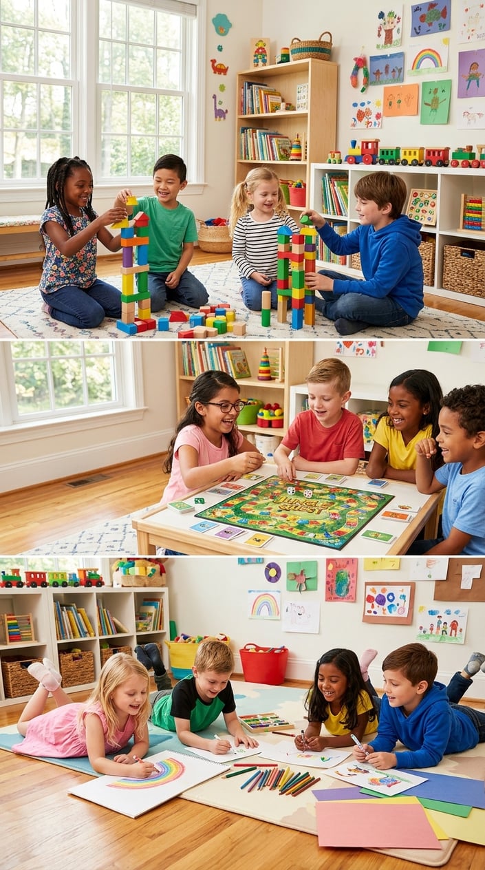 25 Kid Games for When 'I'm Bored' Has Been Said Three Times Before 10 AM 2 A group of children playing various games and drawing together in a bright indoor playroom.