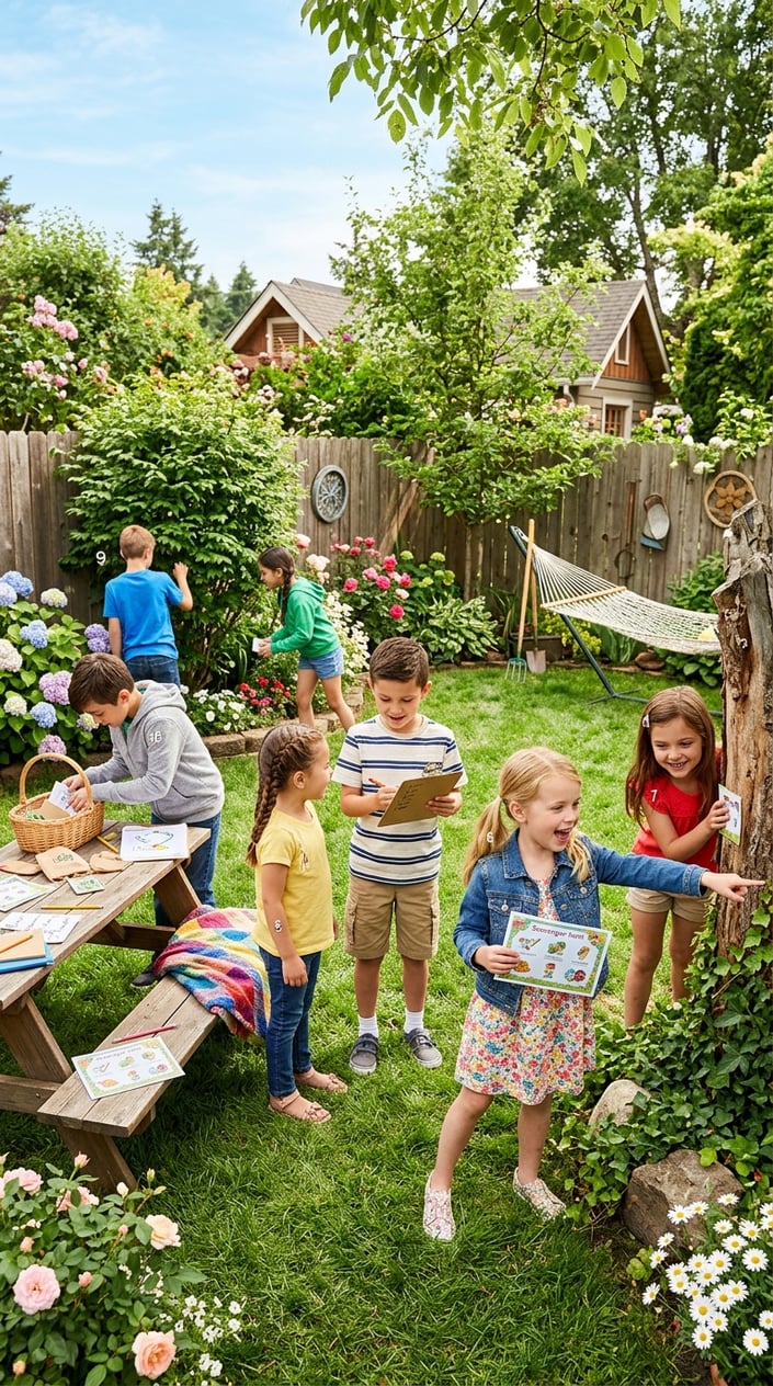 25 Kid Games for When 'I'm Bored' Has Been Said Three Times Before 10 AM 3 Children playing a scavenger hunt in a sunny backyard, looking at picture clues and searching among plants and grass.