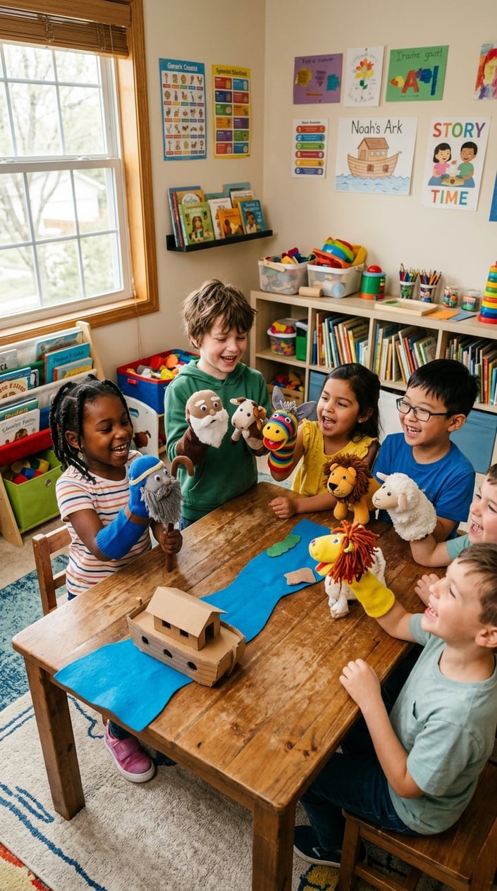 25 Kid Games for When 'I'm Bored' Has Been Said Three Times Before 10 AM 4 Children sitting around a table using colorful sock puppets to act out a Bible story in a bright playroom.