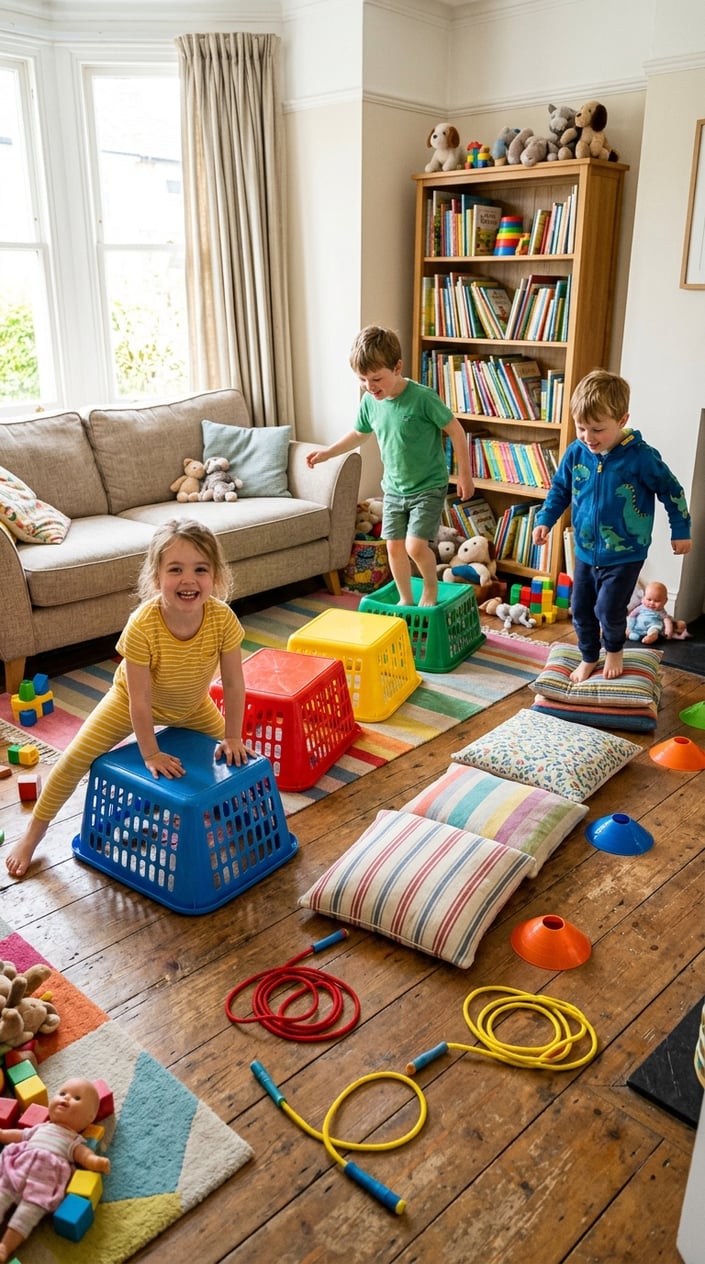 25 Kid Games for When 'I'm Bored' Has Been Said Three Times Before 10 AM 5 Children playing on a homemade indoor obstacle course made with colorful laundry baskets and household items in a living room.