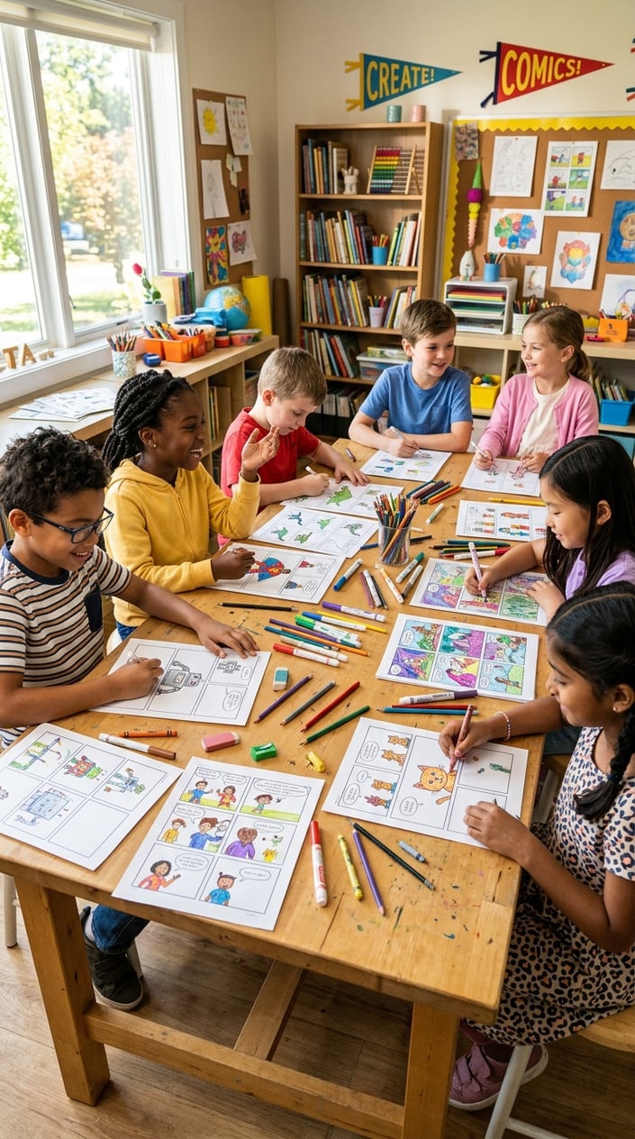 25 Kid Games for When 'I'm Bored' Has Been Said Three Times Before 10 AM 6 Children sitting around a table drawing and creating comic strips together with art supplies in a bright, cheerful room.