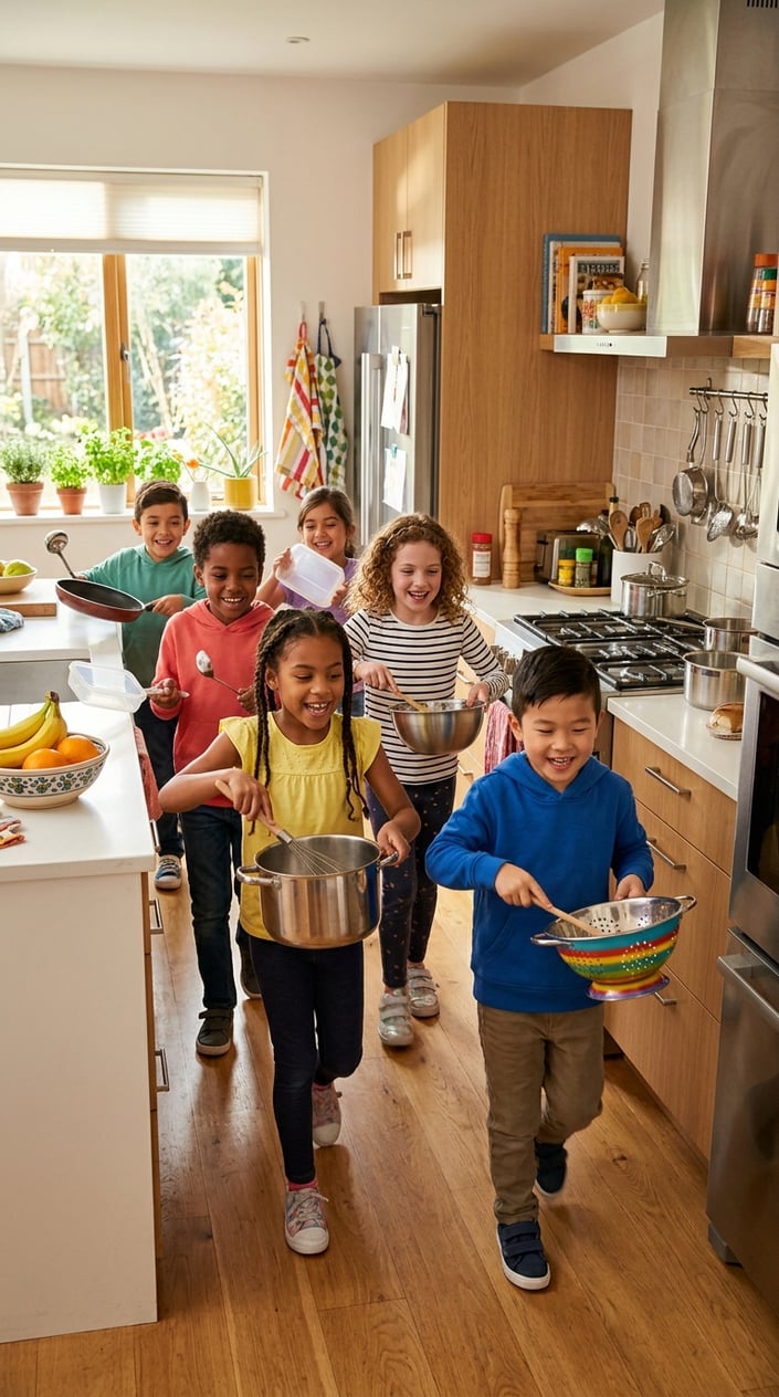 25 Kid Games for When 'I'm Bored' Has Been Said Three Times Before 10 AM 7 Children playing percussion instruments made from kitchen utensils in a bright kitchen.