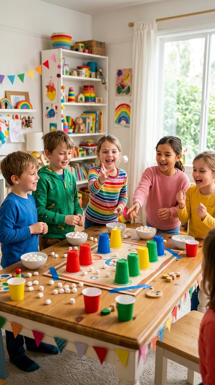 25 Kid Games for When 'I'm Bored' Has Been Said Three Times Before 10 AM 8 Children playing a marshmallow toss game indoors, smiling and tossing marshmallows into cups on a table.