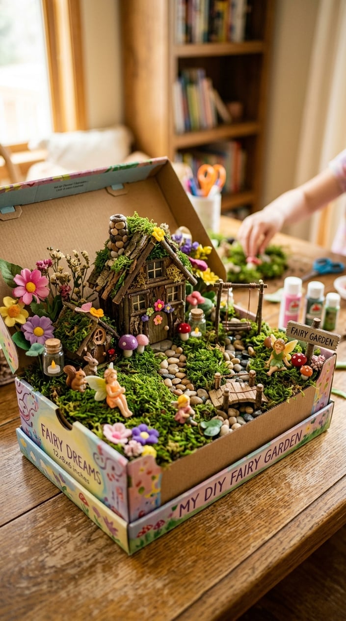 25 Kid Games for When 'I'm Bored' Has Been Said Three Times Before 10 AM 9 A shoebox decorated as a miniature fairy garden with tiny houses, figurines, flowers, and moss inside.