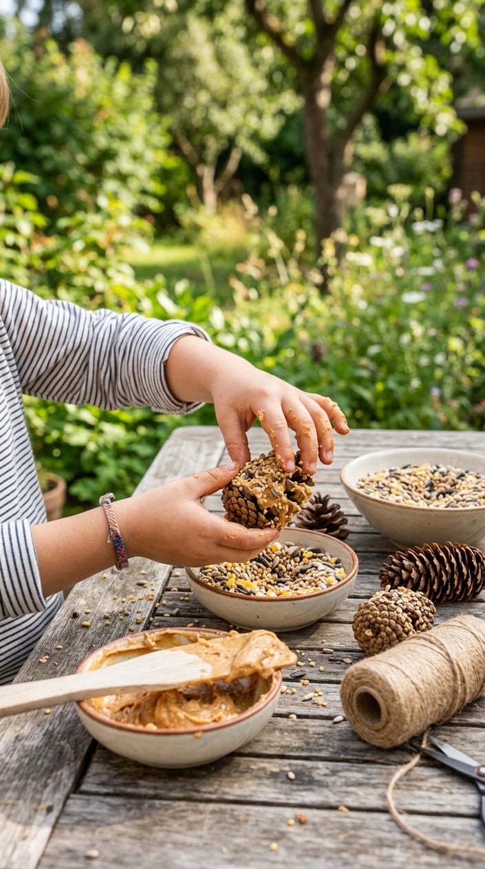 25 Kid Games for When 'I'm Bored' Has Been Said Three Times Before 10 AM 10 Child's hands making a bird feeder by coating pinecones with peanut butter and birdseed outdoors on a wooden table.