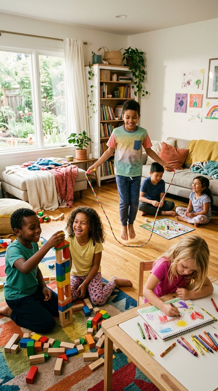 25 Kid Games for When 'I'm Bored' Has Been Said Three Times Before 10 AM 11 A group of children playing different games together inside a bright living room on a weekday morning.