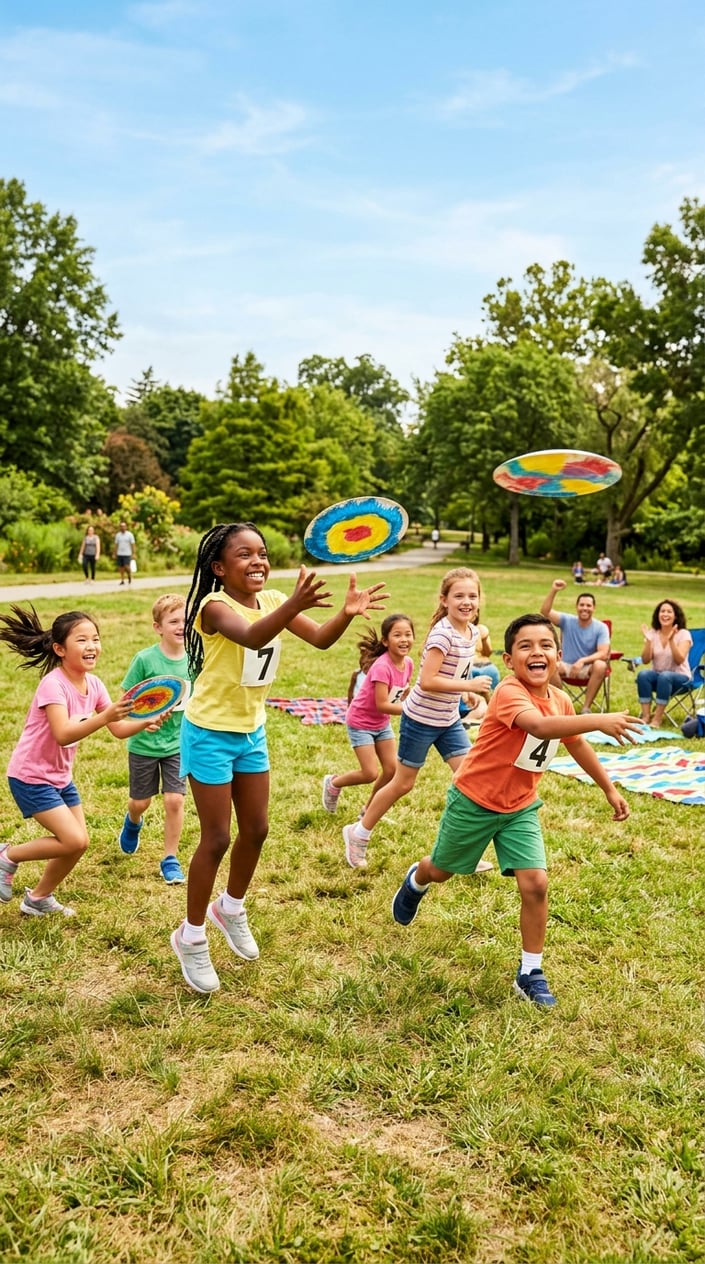 25 Kid Games for When 'I'm Bored' Has Been Said Three Times Before 10 AM 12 Children playing with paper plate frisbees in a sunny park, throwing and catching on a grassy field.