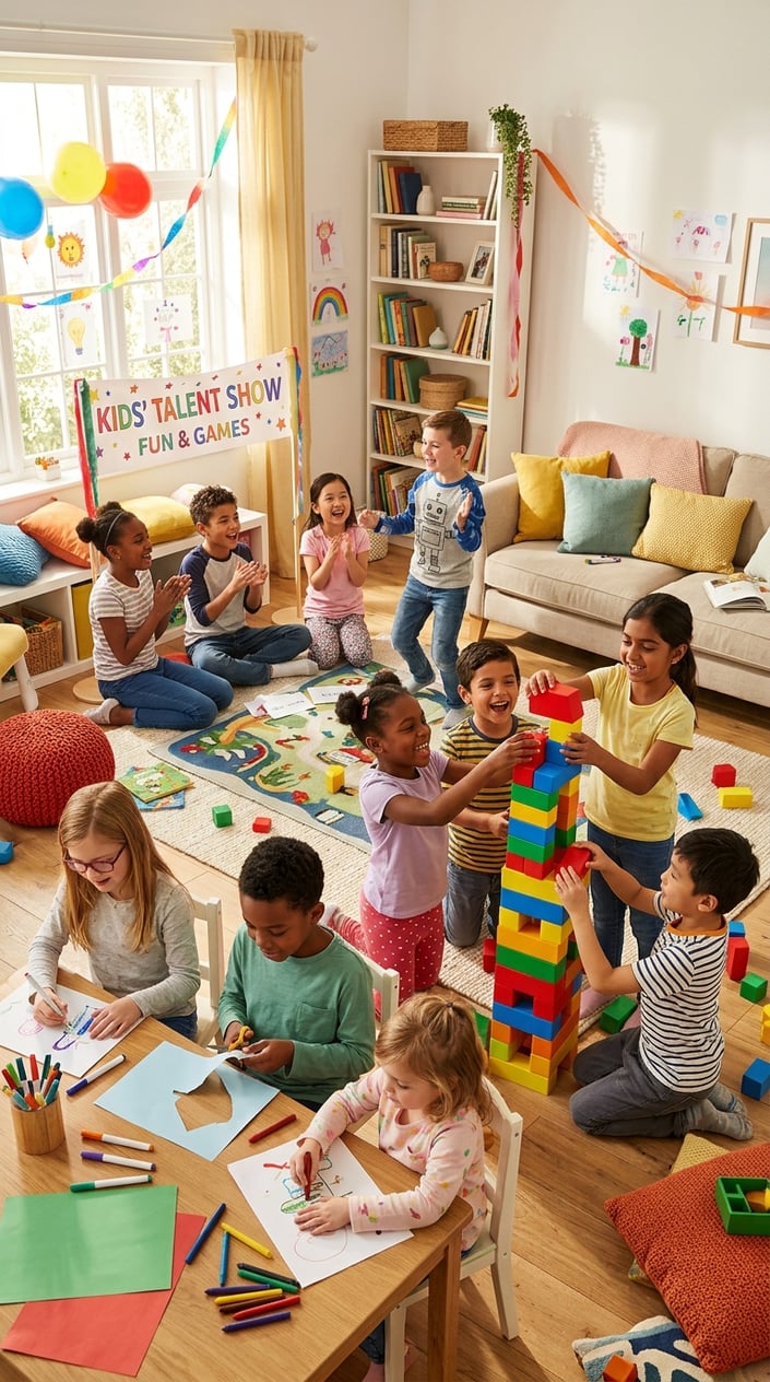 25 Kid Games for When 'I'm Bored' Has Been Said Three Times Before 10 AM 13 A group of children playing various games together indoors, smiling and having fun without adults present.
