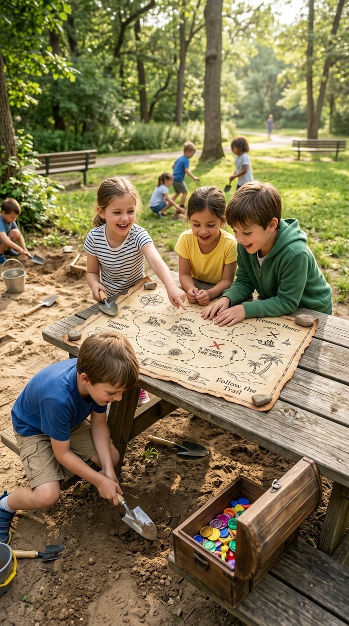 25 Kid Games for When 'I'm Bored' Has Been Said Three Times Before 10 AM 14 Children digging for a buried treasure box outdoors next to a detailed treasure map laid on a wooden surface.