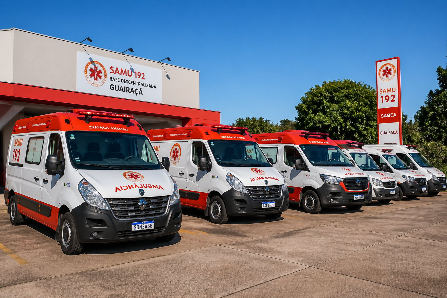 Vários tipos de ambulâncias modernas estacionadas em um centro de emergência em Guairaçá, com céu claro ao fundo.
