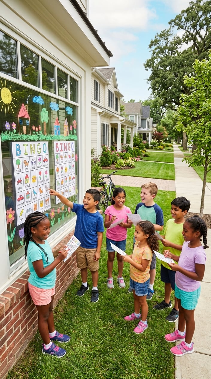 25 Kid Games for When 'I'm Bored' Has Been Said Three Times Before 10 AM 15 Children playing a bingo game with crayons on a window in a sunny neighborhood.