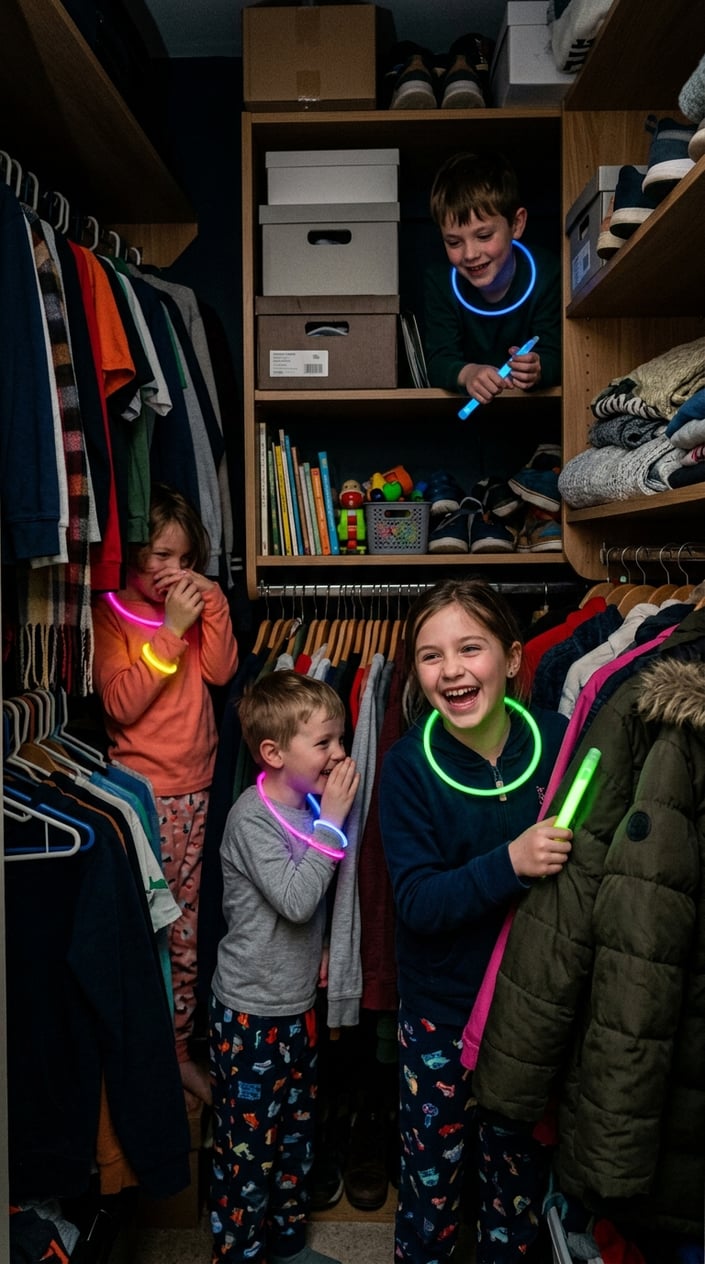 25 Kid Games for When 'I'm Bored' Has Been Said Three Times Before 10 AM 16 Children playing hide-and-seek with glow sticks inside a dark closet, their faces glowing with colorful light.