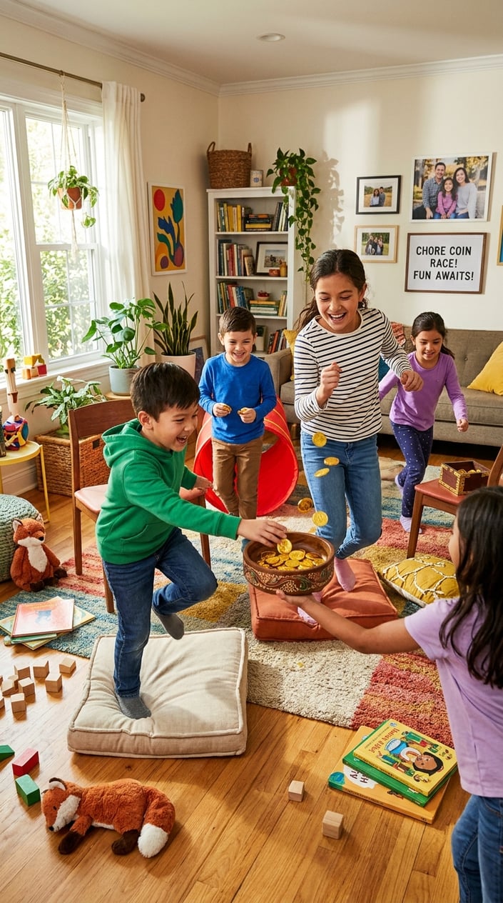 25 Kid Games for When 'I'm Bored' Has Been Said Three Times Before 10 AM 17 A group of children playing a fun indoor race game involving collecting coins in a bright living room.