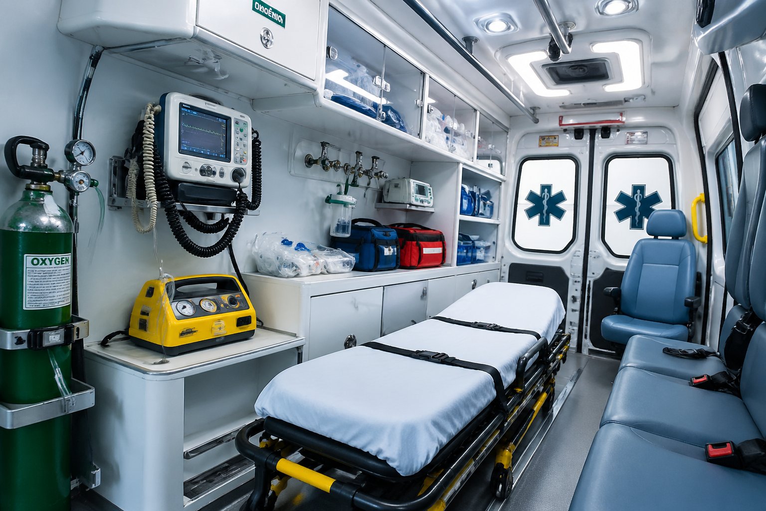 Interior de uma ambulância moderna em Guairaçá com equipamentos médicos essenciais organizados, incluindo desfibrilador, cilindros de oxigênio, maca e monitores vitais.