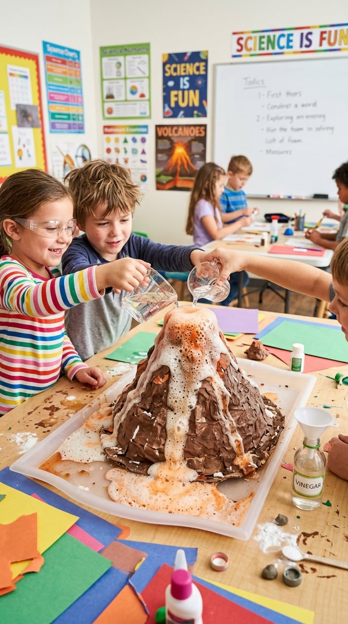 25 Kid Games for When 'I'm Bored' Has Been Said Three Times Before 10 AM 18 Children’s hands pouring vinegar into a small homemade volcano model that is erupting with foamy bubbles on a table indoors.