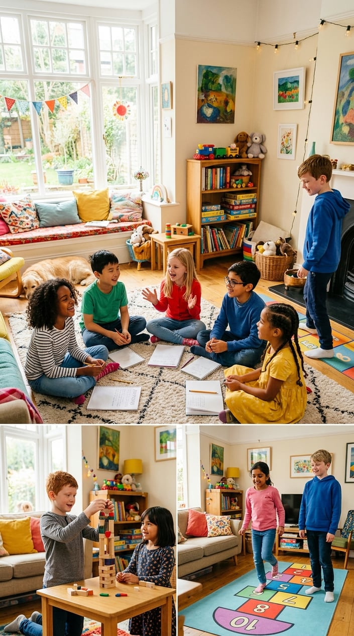 25 Kid Games for When 'I'm Bored' Has Been Said Three Times Before 10 AM 19 A group of children playing and collaborating indoors, adding to a story and enjoying various games together.