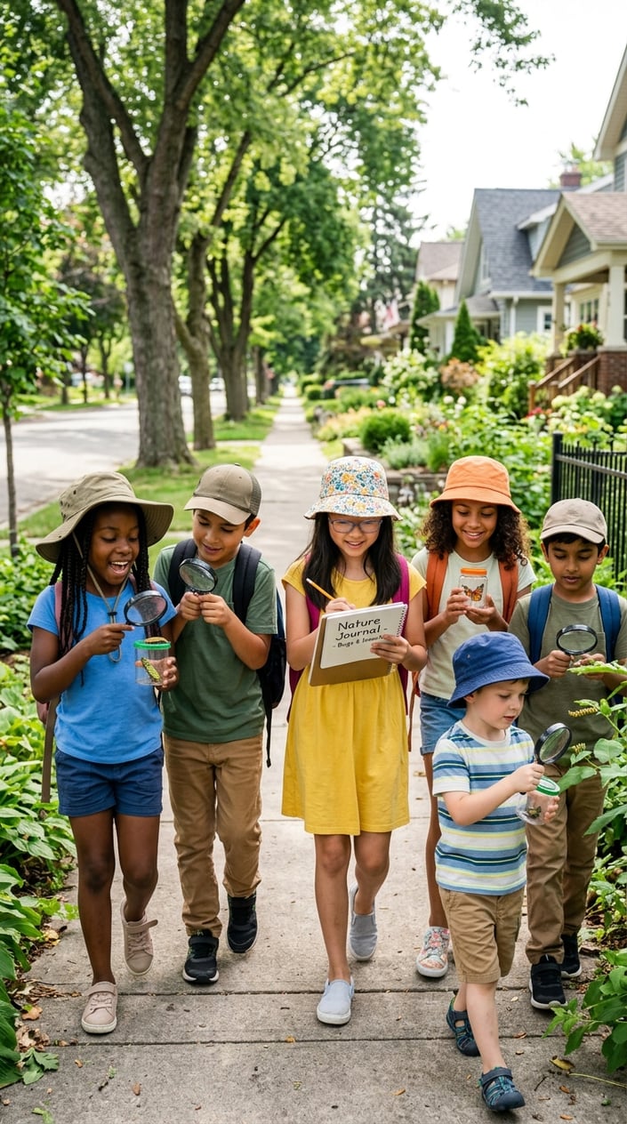 25 Kid Games for When 'I'm Bored' Has Been Said Three Times Before 10 AM 20 Children exploring bugs outdoors on a neighborhood street, examining insects and writing notes in a notebook.