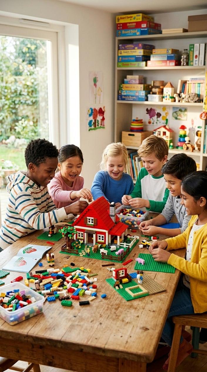 25 Kid Games for When 'I'm Bored' Has Been Said Three Times Before 10 AM 21 Children building a colorful LEGO farmhouse together on a table in a bright room.