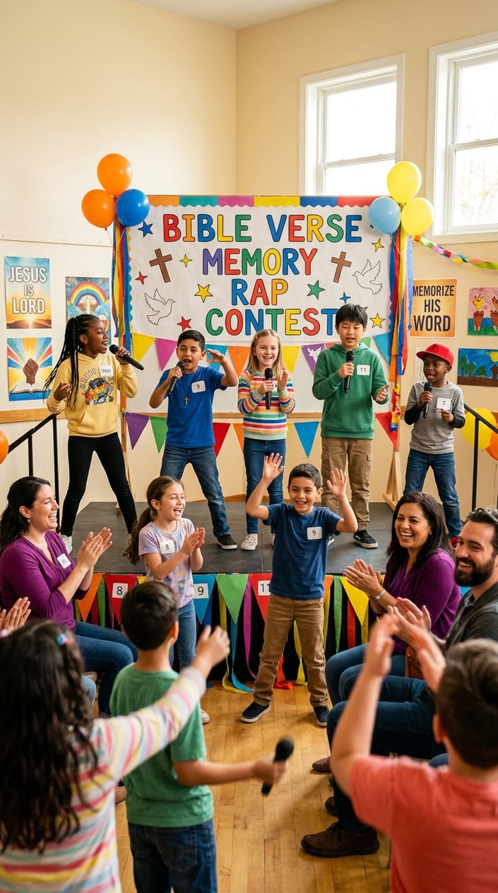 25 Kid Games for When 'I'm Bored' Has Been Said Three Times Before 10 AM 22 A group of children energetically performing a rap contest indoors, with adults encouraging them in a colorful, decorated room.
