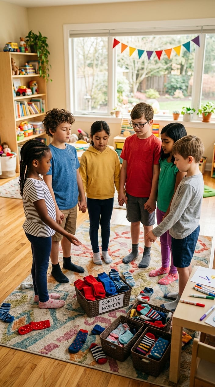 25 Kid Games for When 'I'm Bored' Has Been Said Three Times Before 10 AM 23 Children playing a sock-sorting relay race indoors, pausing together briefly for a quiet moment of prayer.