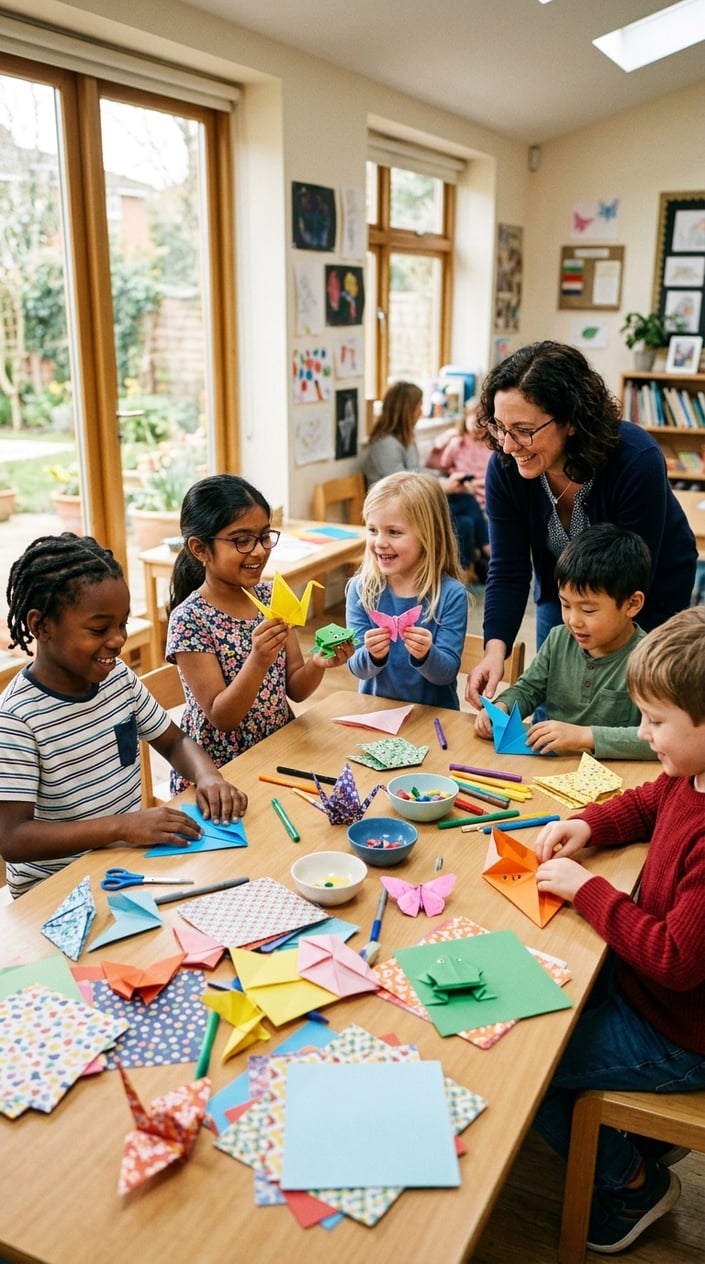 25 Kid Games for When 'I'm Bored' Has Been Said Three Times Before 10 AM 24 Children making and exchanging colorful origami animals around a table indoors with an adult supervising.
