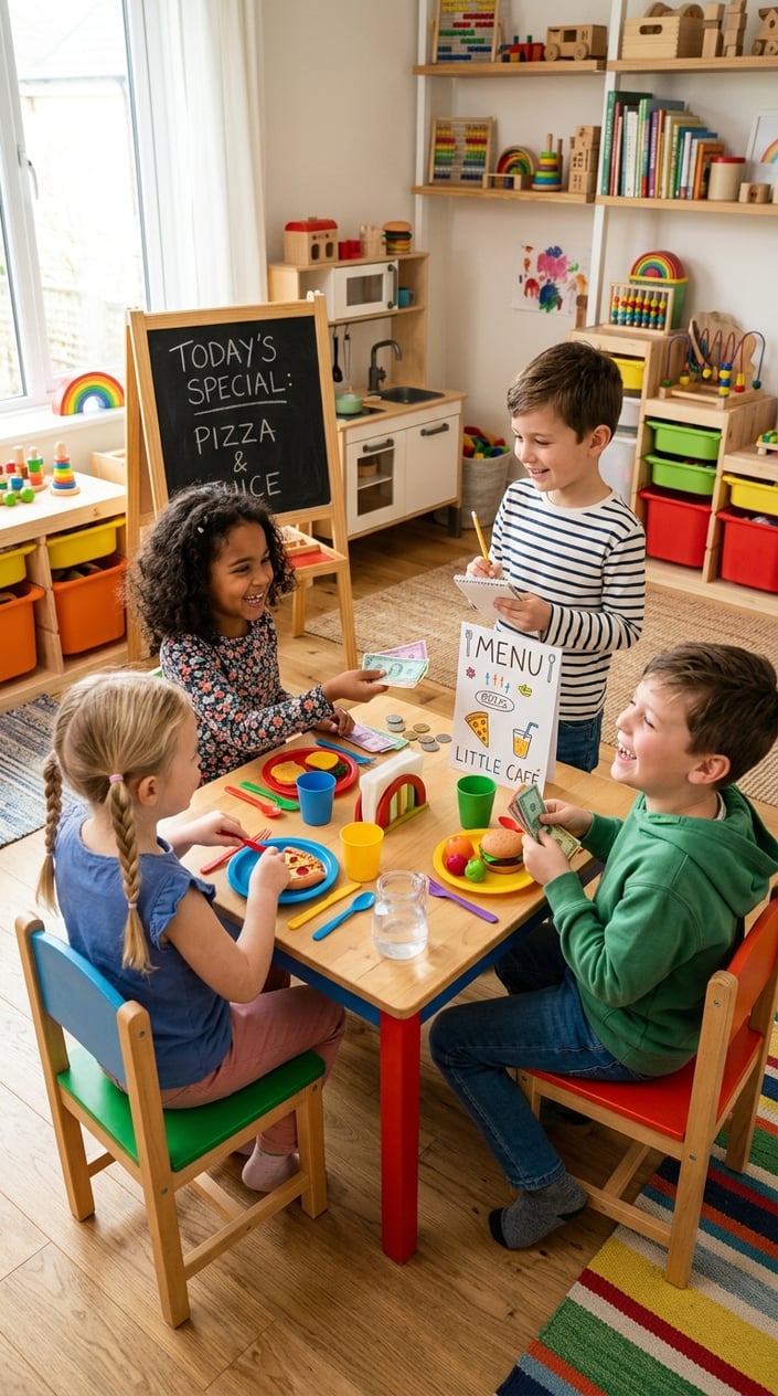 25 Kid Games for When 'I'm Bored' Has Been Said Three Times Before 10 AM 25 Children playing pretend restaurant using play money and toy dishes around a small table in a bright playroom.