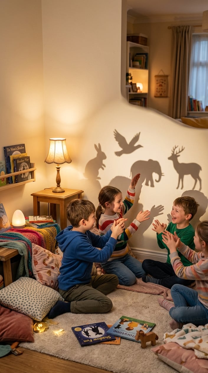 25 Kid Games for When 'I'm Bored' Has Been Said Three Times Before 10 AM 26 Children playing shadow puppets with their hands on a softly lit wall in a cozy indoor setting.