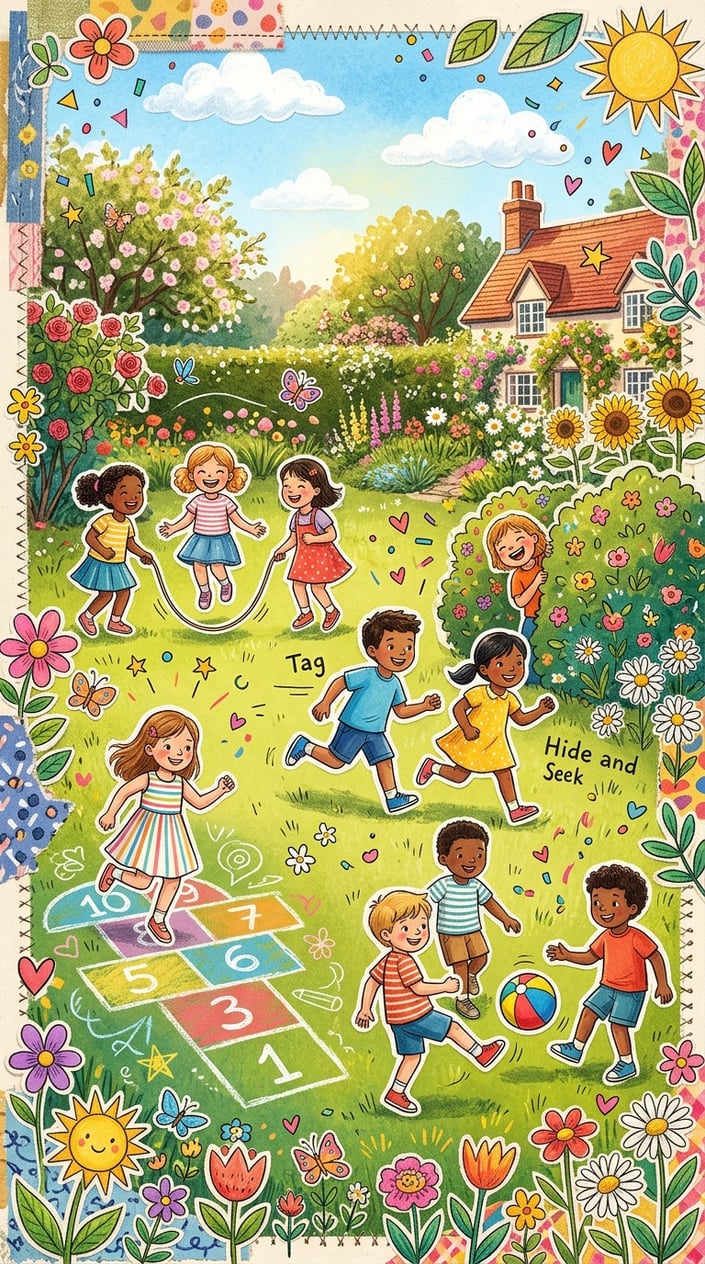 25 Kid Games for When 'I'm Bored' Has Been Said Three Times Before 10 AM 27 Children playing various outdoor games together in a sunny garden surrounded by flowers and greenery.