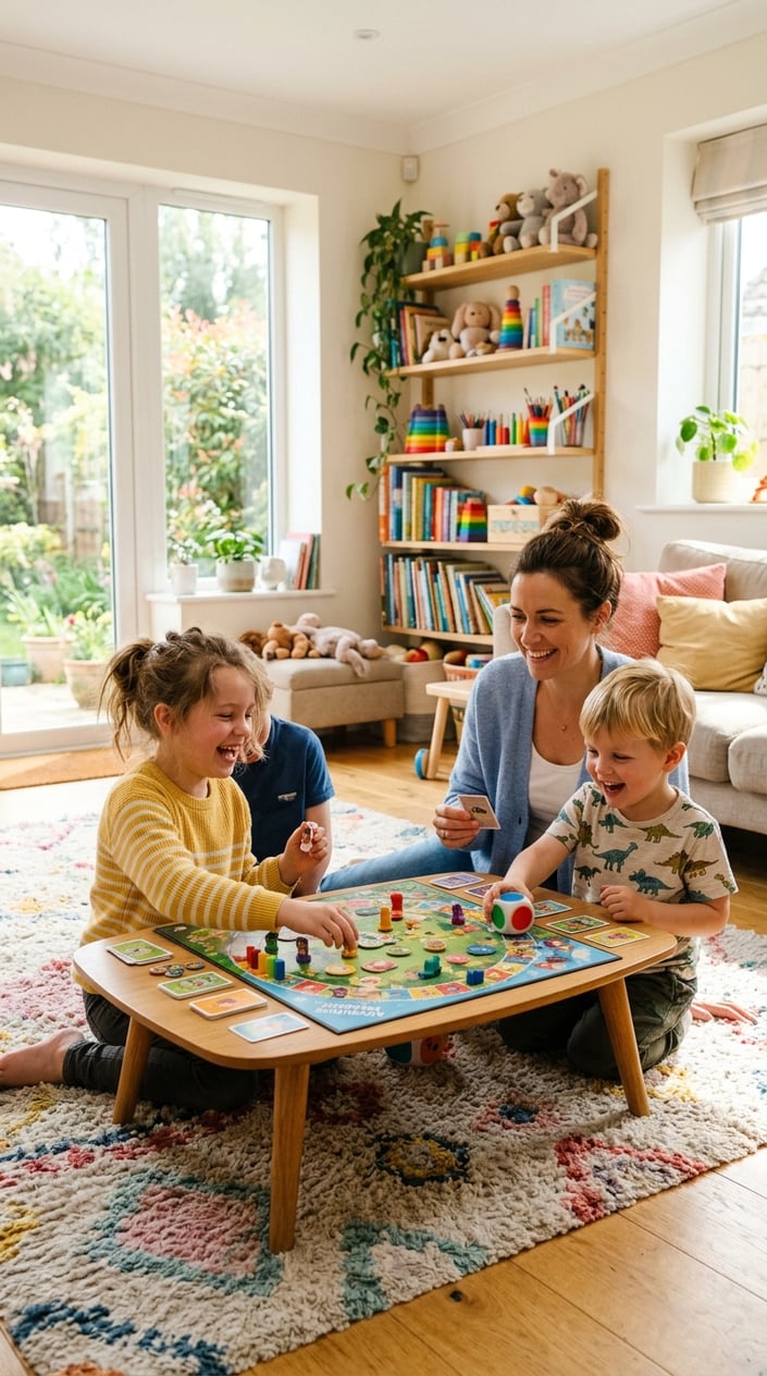 25 Kid Games for When 'I'm Bored' Has Been Said Three Times Before 10 AM 28 A parent and two children playing a board game together in a bright living room, smiling and enjoying their time.
