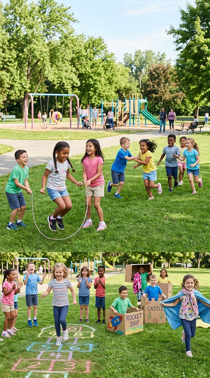 25 Kid Games for When 'I'm Bored' Has Been Said Three Times Before 10 AM 29 Children playing various outdoor games together in a sunny park on a bright morning.
